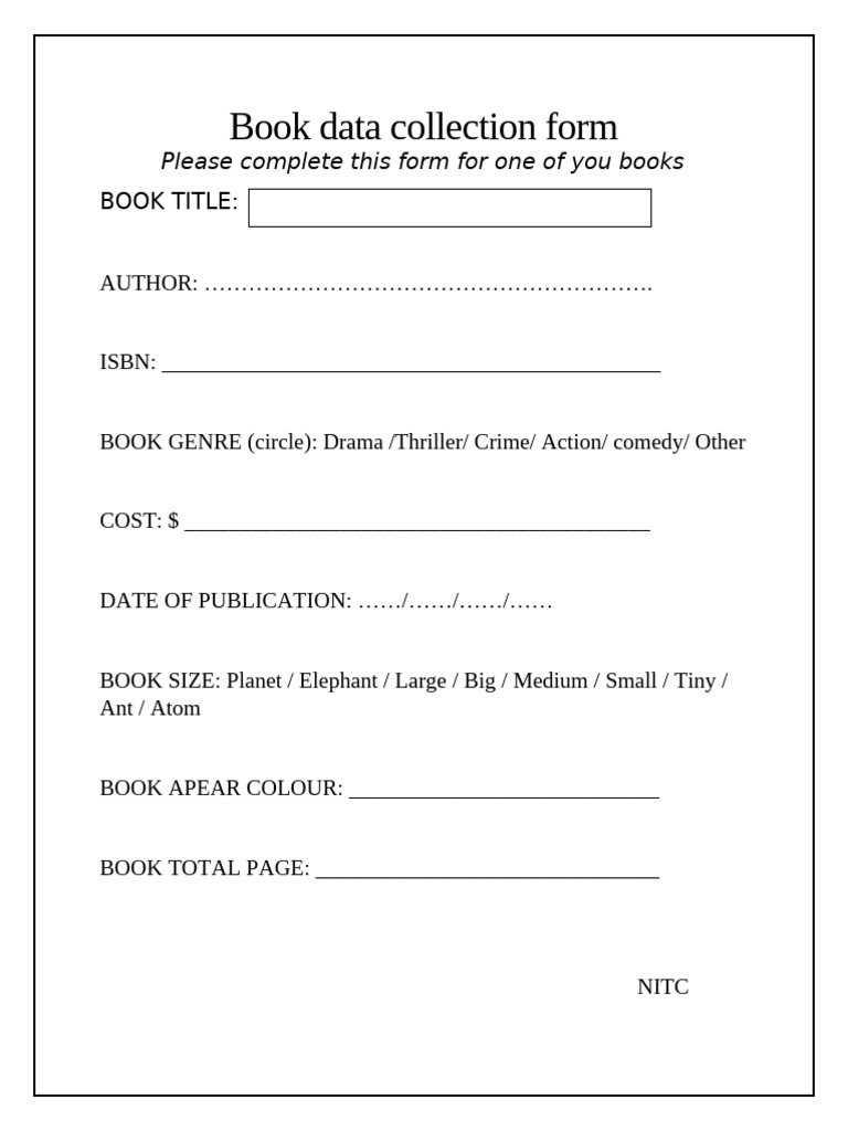 Book Data Collection Form: Please Complete This Form For One of You ...
