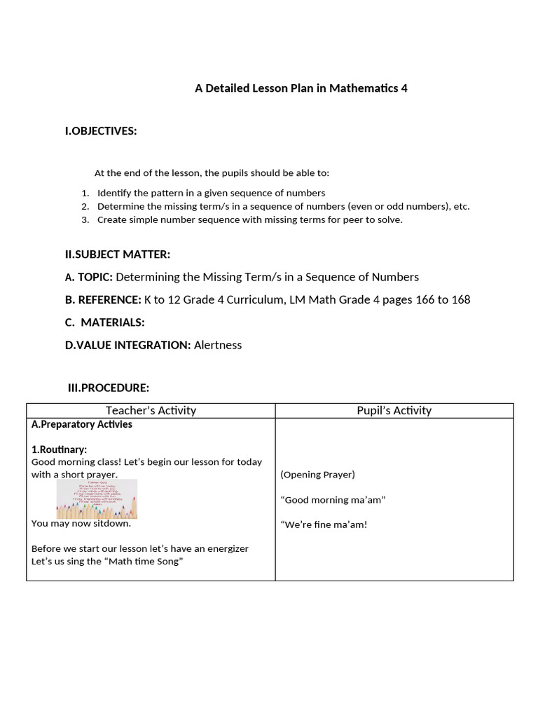 Math Lesson Plan: Missing Terms in Sequences | PDF