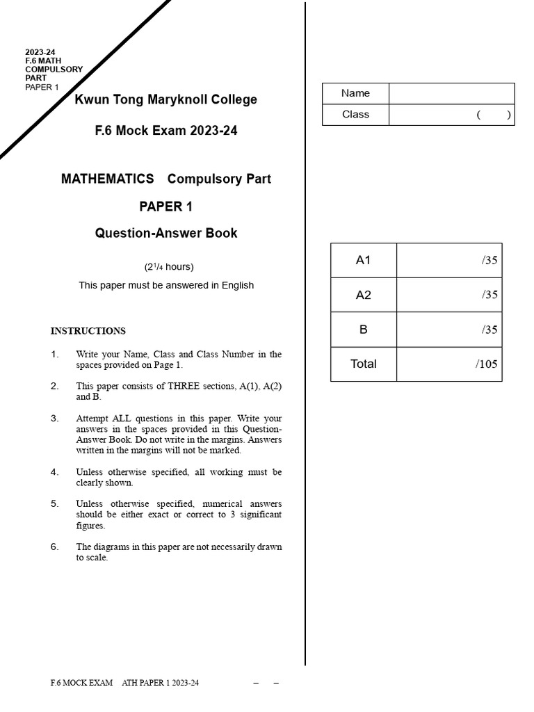 2023-24 F6 Mock Exam Paper 1 MATH DSE | PDF | Mathematics