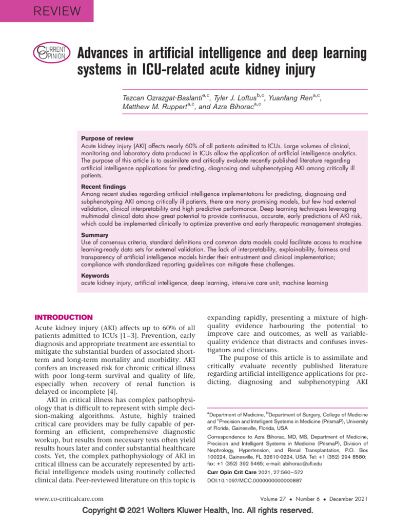AI and Deep Learning Systems in ICU-related Acute Kidney Injury | PDF ...