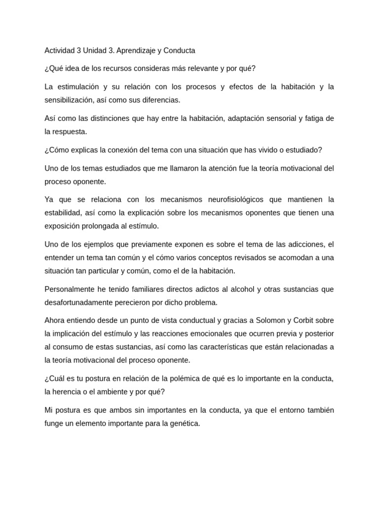 Actividad 3 Unidad 3 | PDF | Comportamiento | Aprendizaje