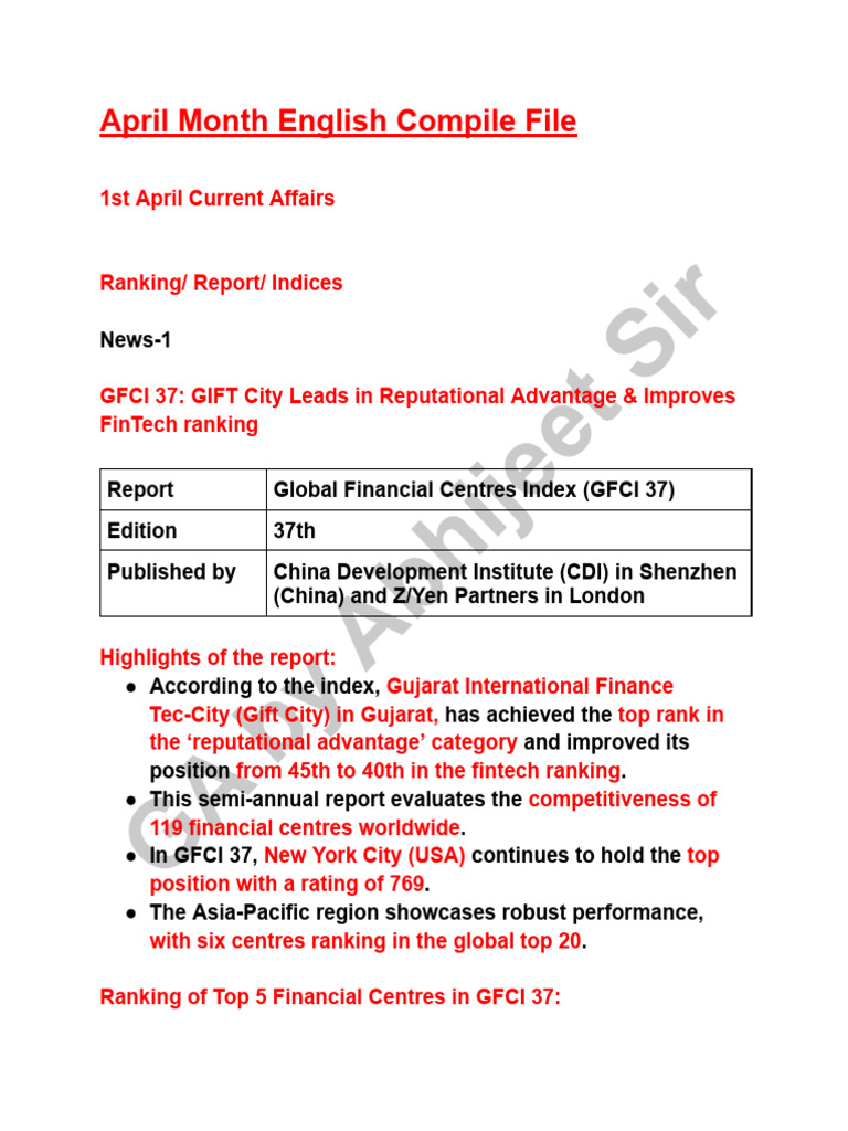 April 2025 Current Affairs Summary | PDF | Debt | Reserve Bank Of India