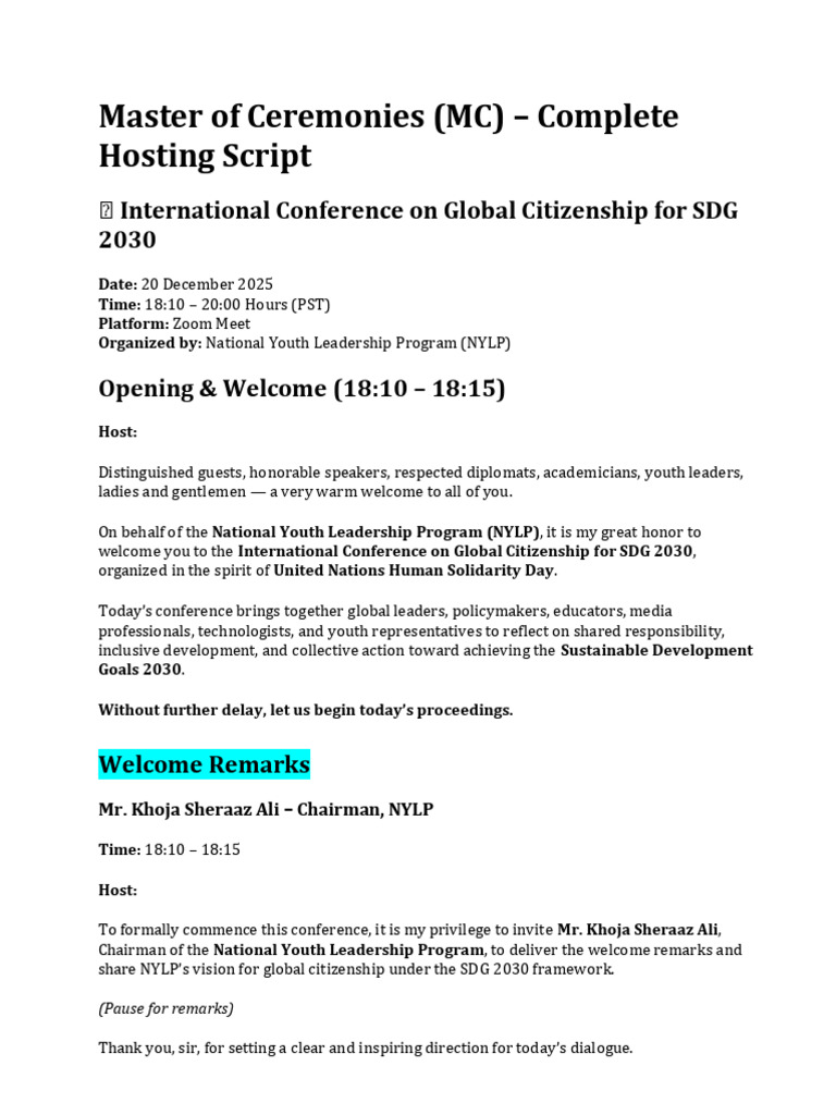 MC Script for Global Citizenship Conference | PDF