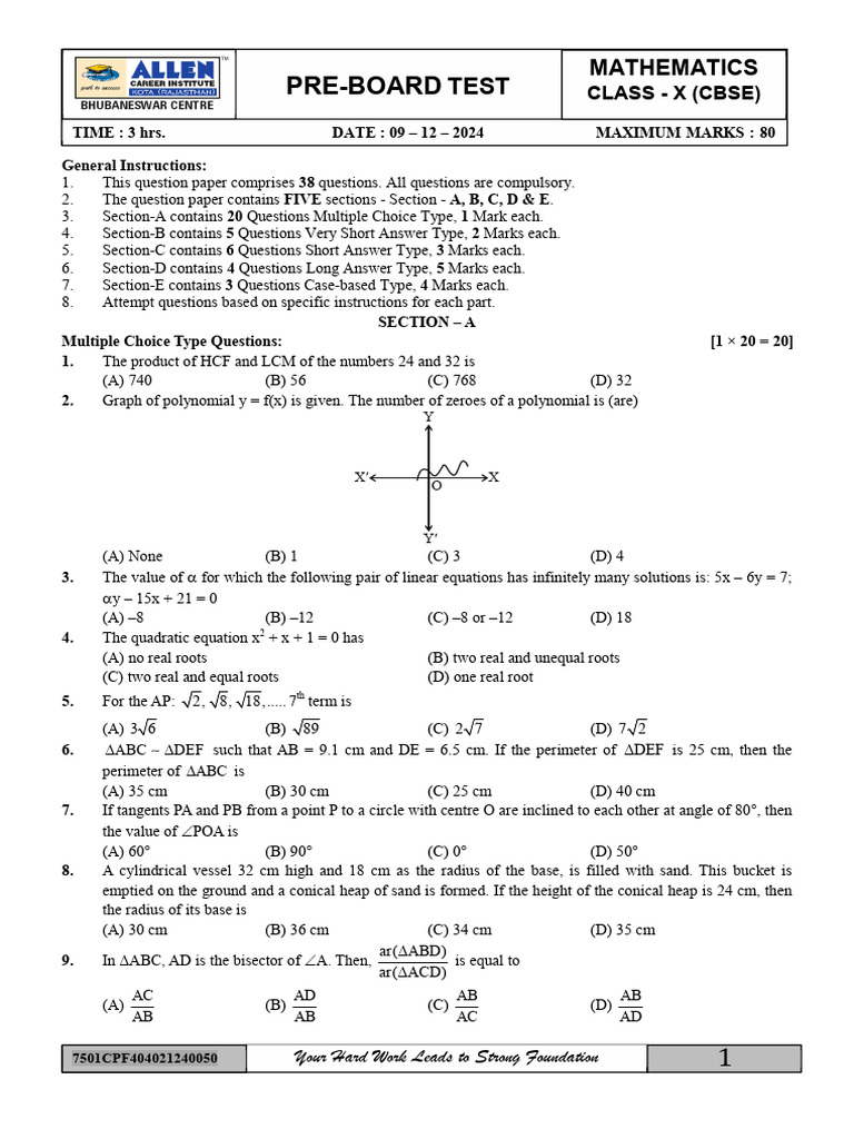 Class X CBSE Mathematics Pre-Board Test | PDF | Circle | Sphere