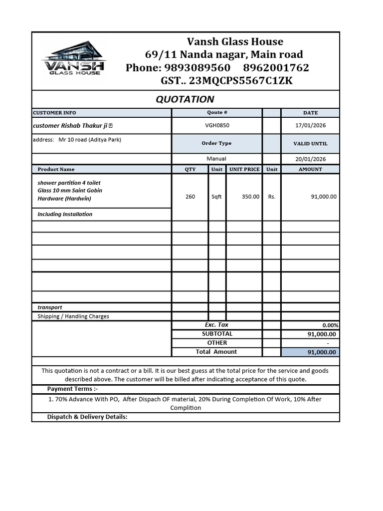 Quotation for Shower Partition Installation | PDF