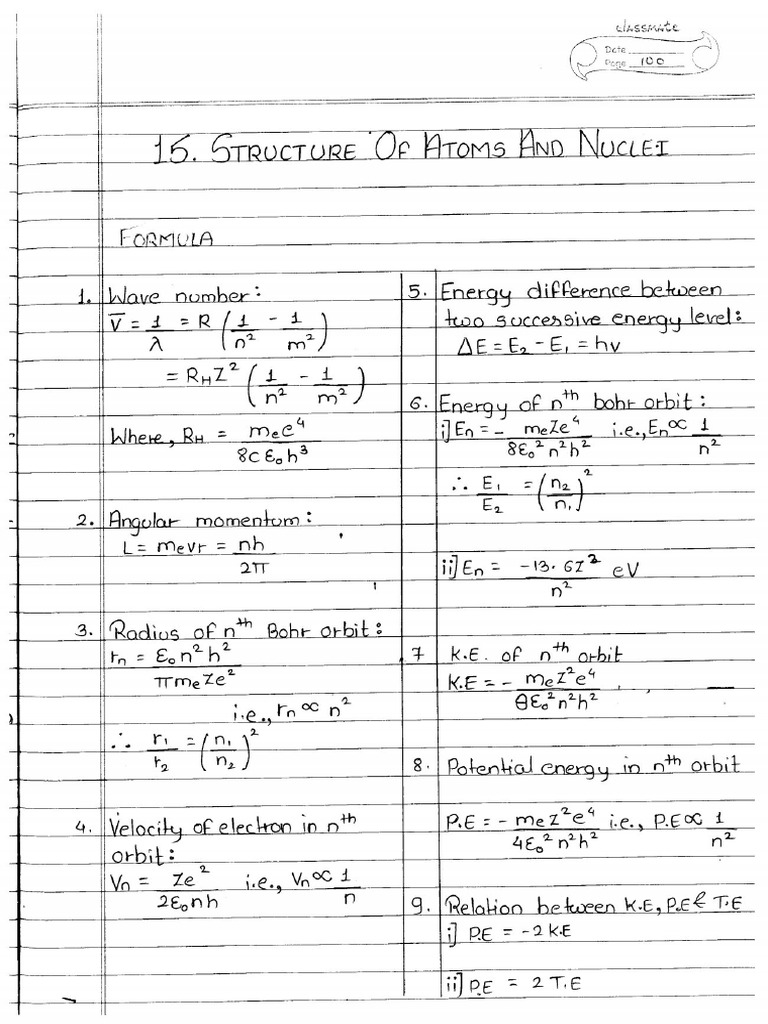Physics 12th - 15 Structure of Atoms and Nuclei - Imp Notes | PDF