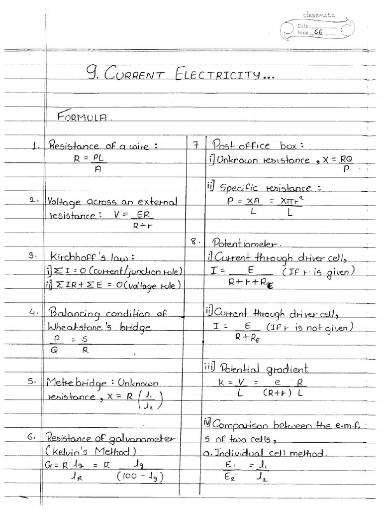 Physics 12th - 9 Current Electricity - Imp Notes | PDF