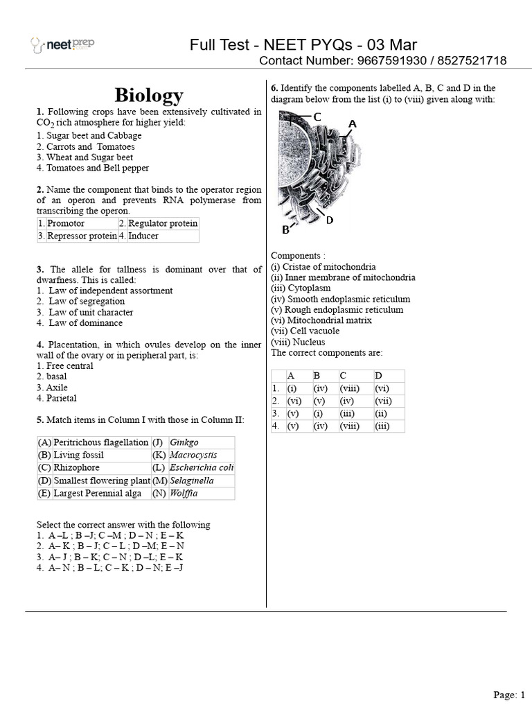 NEET Biology Practice Questions Guide | PDF | Mitochondrion | Actin