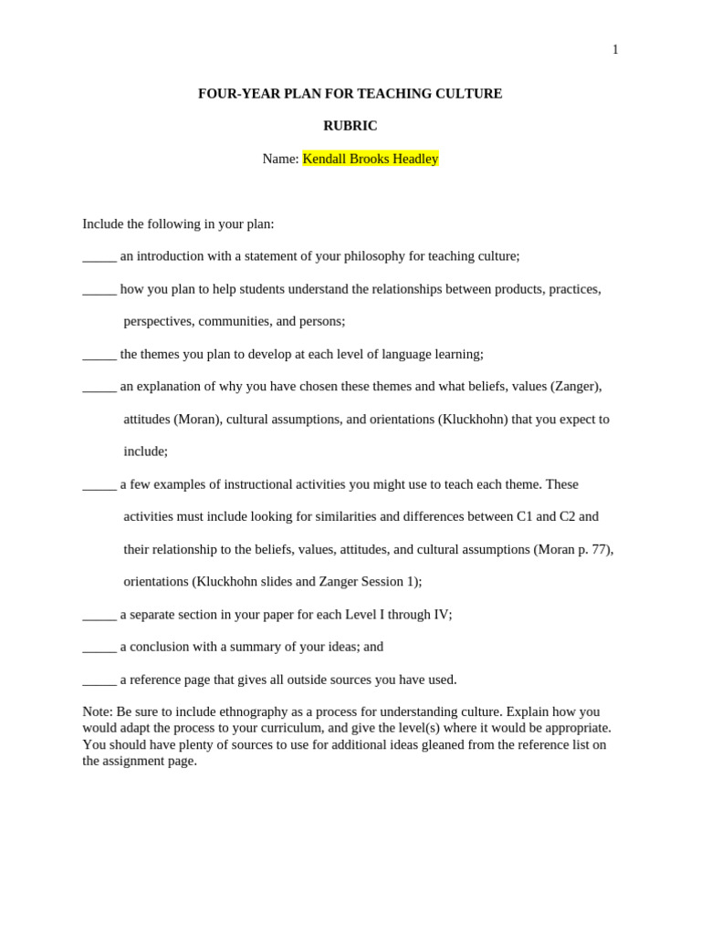 Four-Year Culture Teaching Plan | PDF