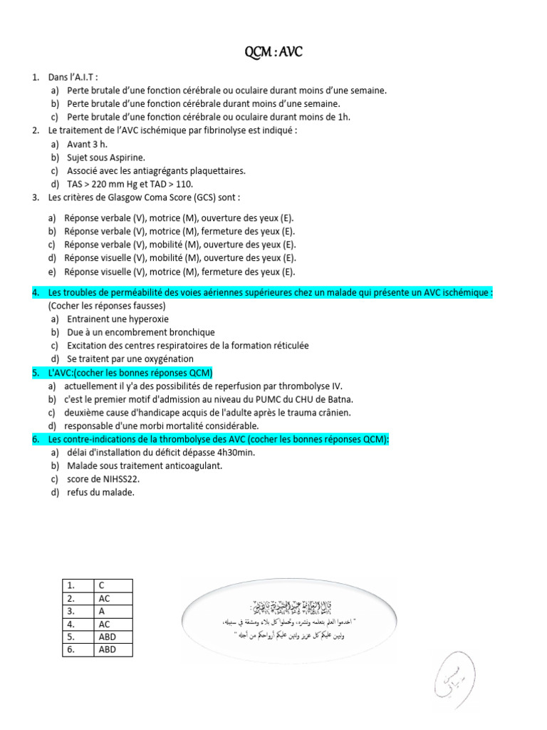 QCM sur l'AVC et ses traitements | PDF