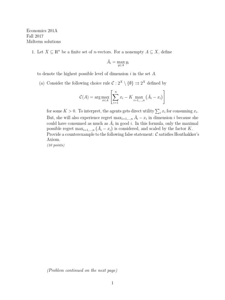 Economics 201A Fall 2017 Midterm Solutions | PDF | Convex Set | Mathematics