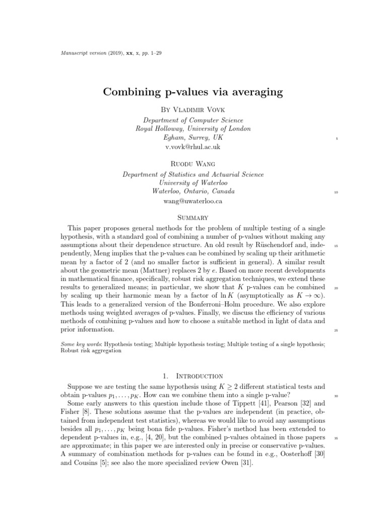 Combining P-Values with Generalized Means | PDF | P Value | Mean