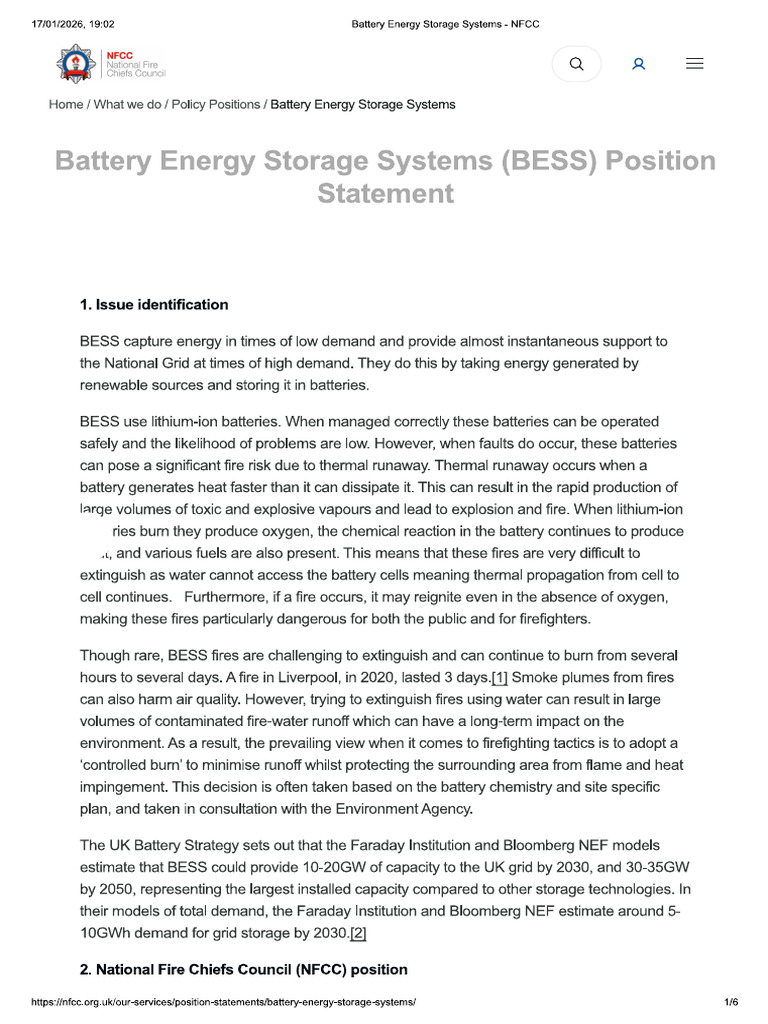 NFCC (UK) Battery Energy Storage Systems (BESS) Position Statement | PDF