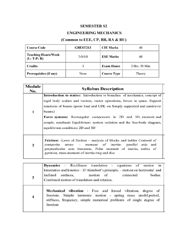 GBEST 213 Engineering Mechanics Syllabus | PDF