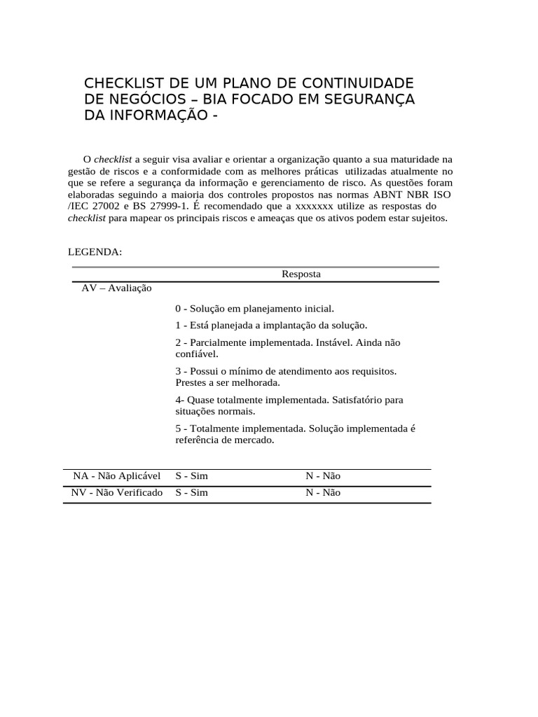 Checklist de Continuidade de Negócios e Segurança | PDF | Cópia de ...