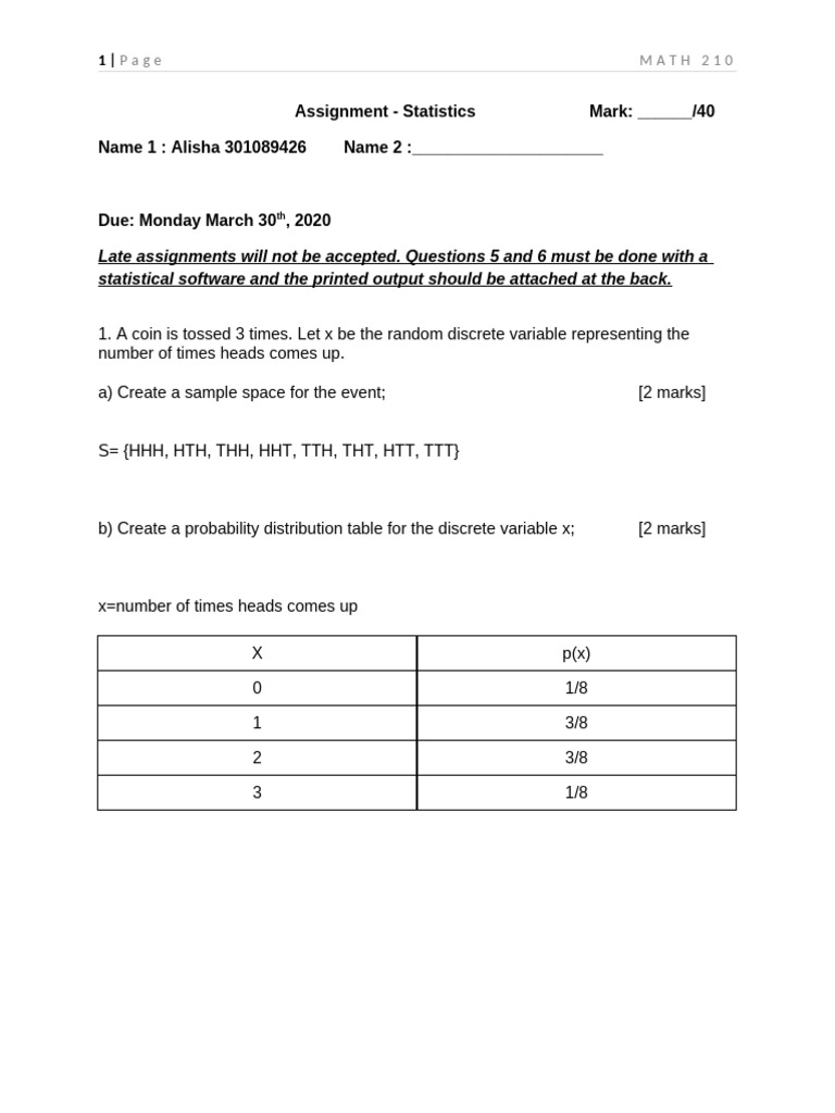 Math 210 - Assignment Statistics - Winter 2020- Version A | PDF ...