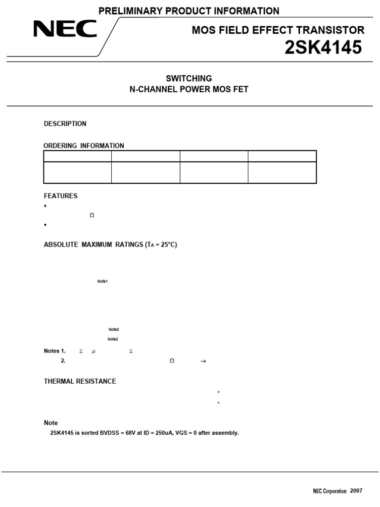 2SK4145 N-Channel MOSFET Data Sheet | PDF | Field Effect Transistor ...