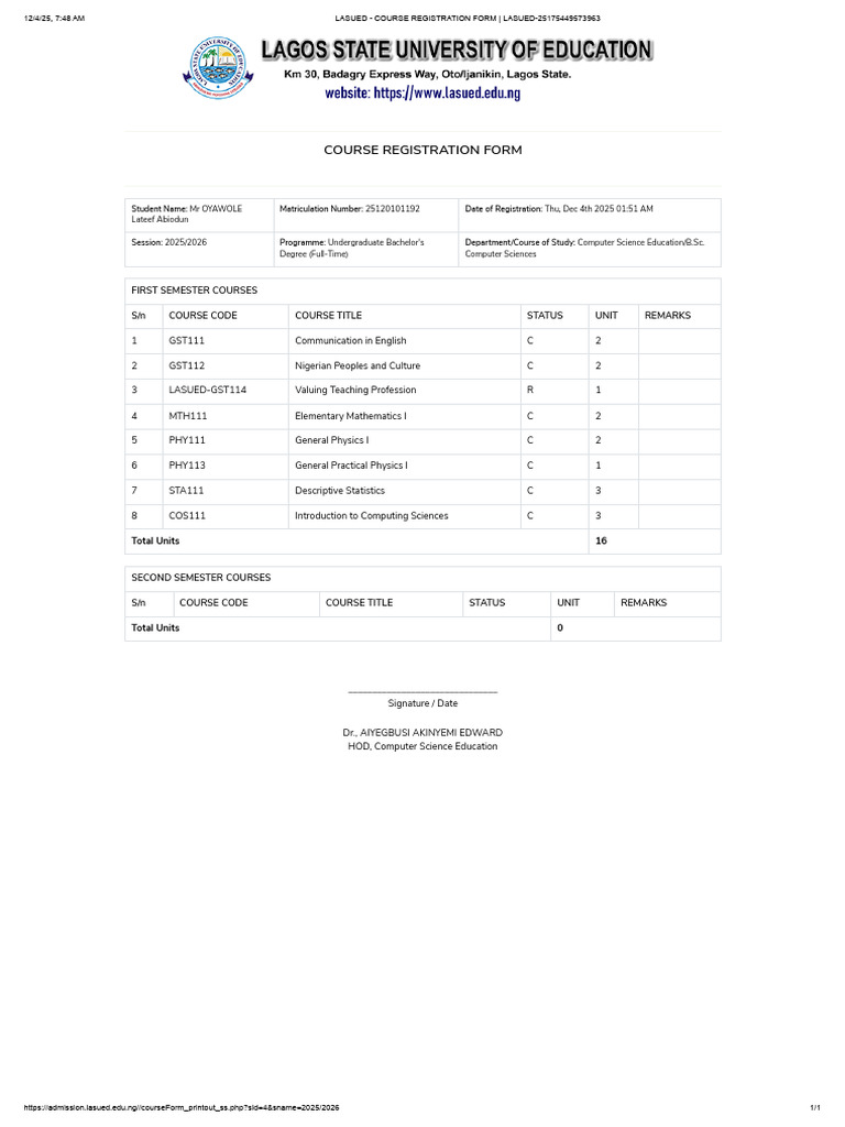 LASUED Course Registration 2025/2026 | PDF | Science | Educational Stages