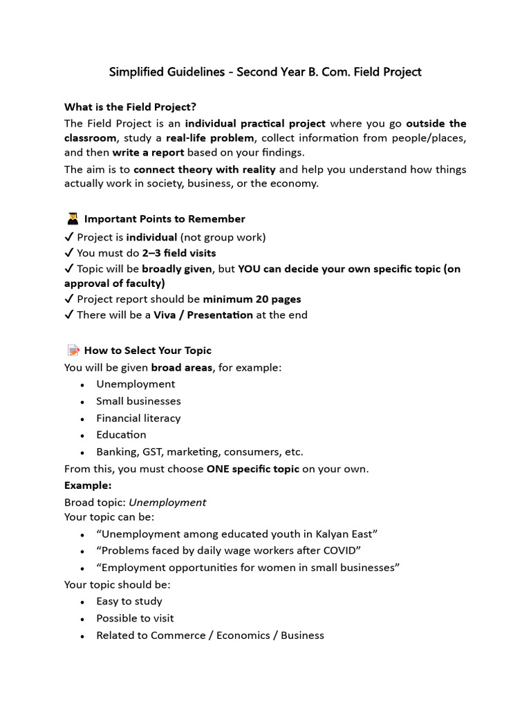 B.Com Field Project Guidelines Explained | PDF | Unemployment | Methodology