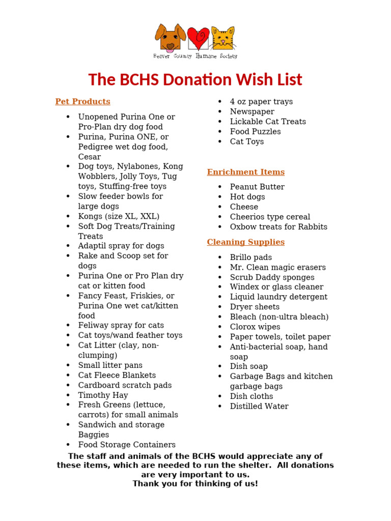 The BCHS Donation Wish List 2023 | PDF