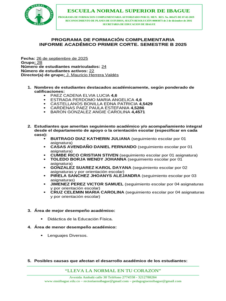 Informe Académico Primer Corte 2025 | PDF | Aprendizaje | Salud mental