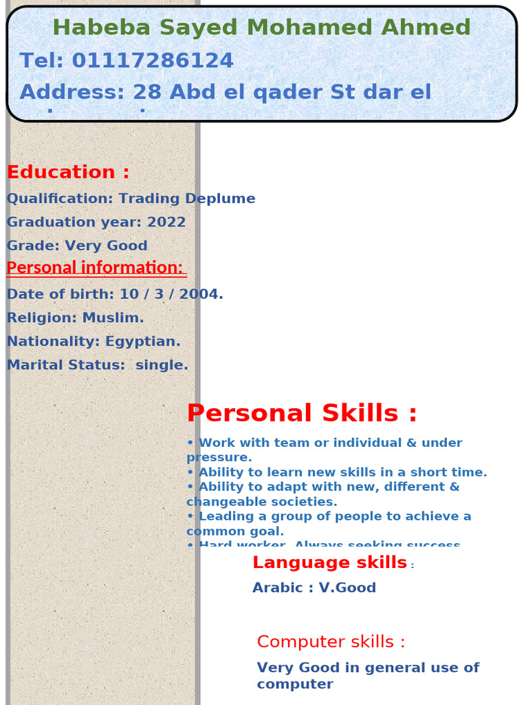 Habeba Sayed's CV and Skills Summary | PDF