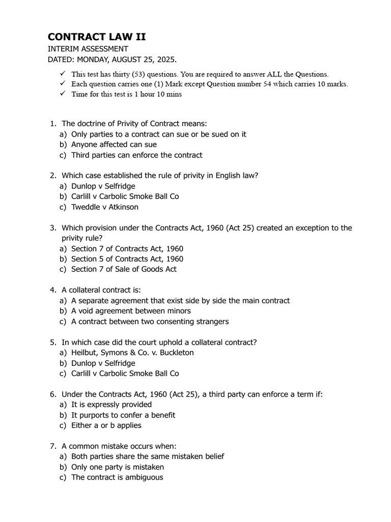 Contract Law II Assessment Guide | PDF | Misrepresentation | Breach Of ...