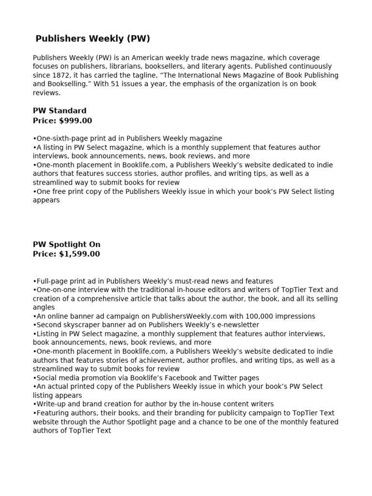 Publishers Weekly Advertising Options | PDF