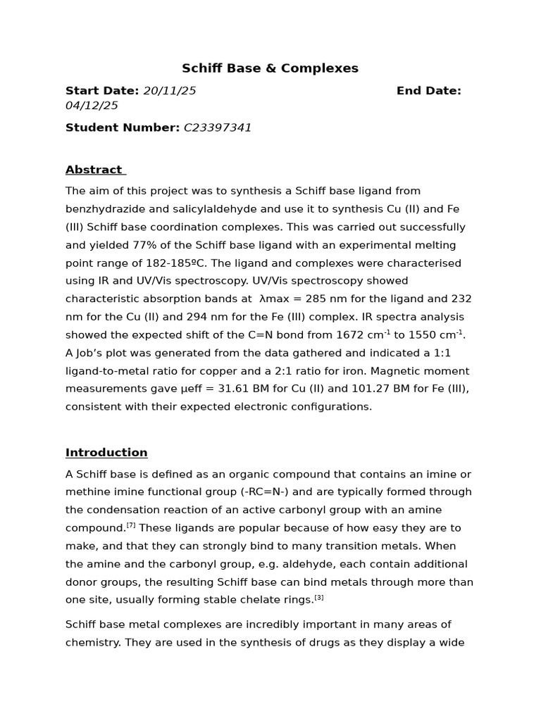 Synthesis of Schiff Base Complexes | PDF | Coordination Complex | Ligand