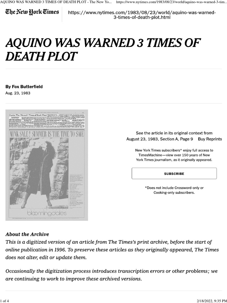 Aquino's Death Plot Warnings Revealed | PDF