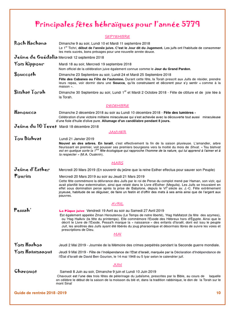 Fêtes hébraïques 5779 : calendrier 2018-2019 | PDF | Pâque ...