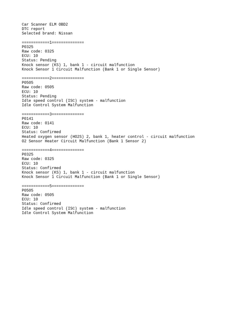Nissan OBD2 DTC Report Summary | PDF