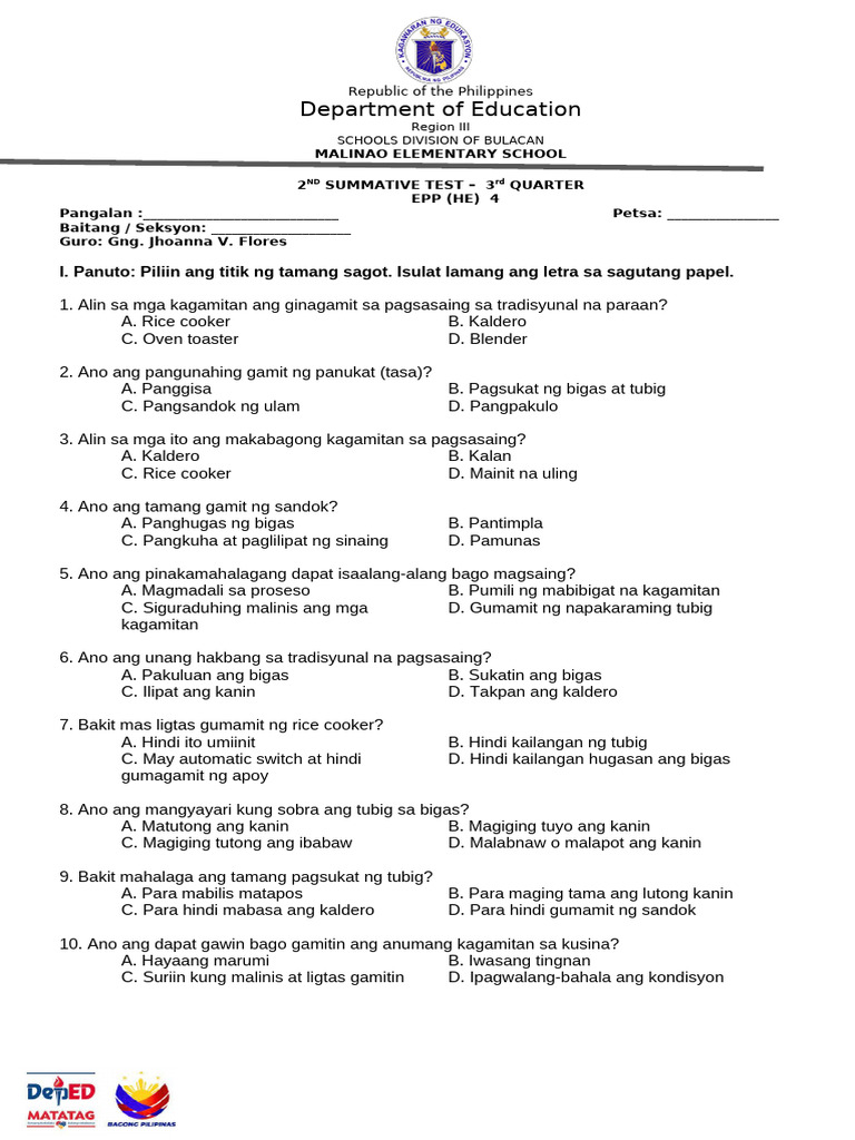 Epp 4 He 2nd Summative Matatag | PDF