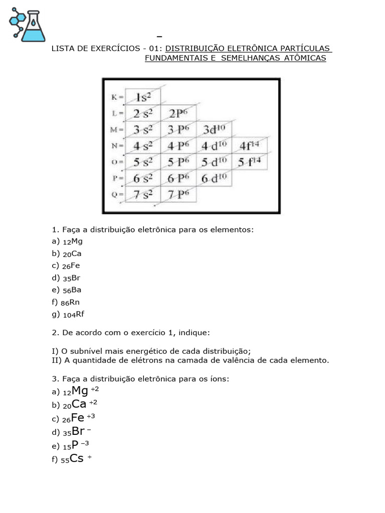 Exercícios sobre Distribuição Eletrônica e Semelhanças Atômicas | PDF ...