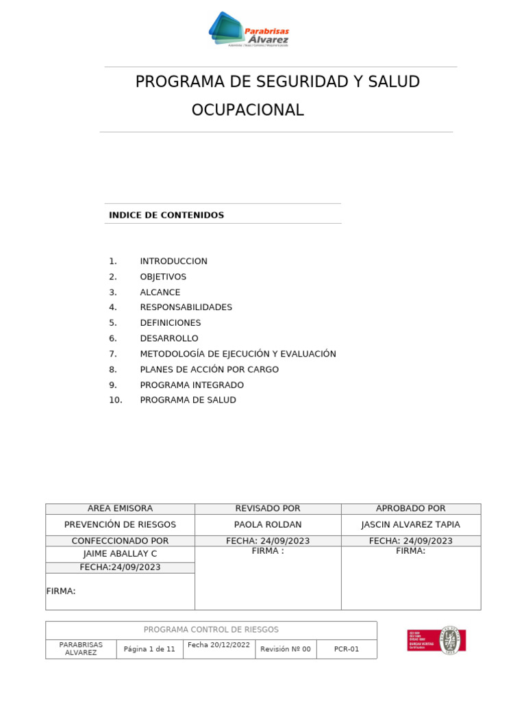 Programa de Seguridad y Salud Ocupacional | PDF