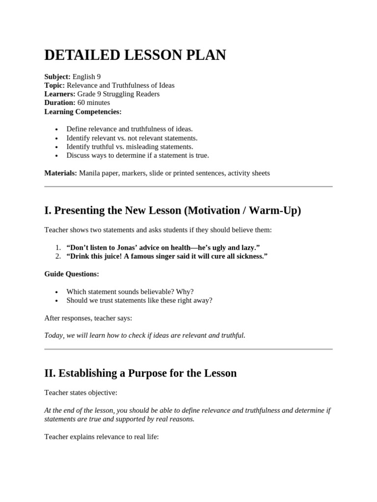 Detailed Lesson Plan-Relevance and Truthfulness | PDF | Teachers | Reason