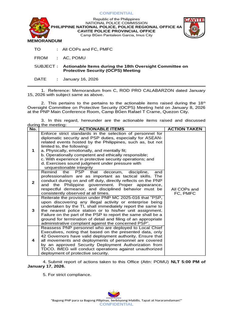 Actionable Items During the 18th Oversight Committee on Protective ...