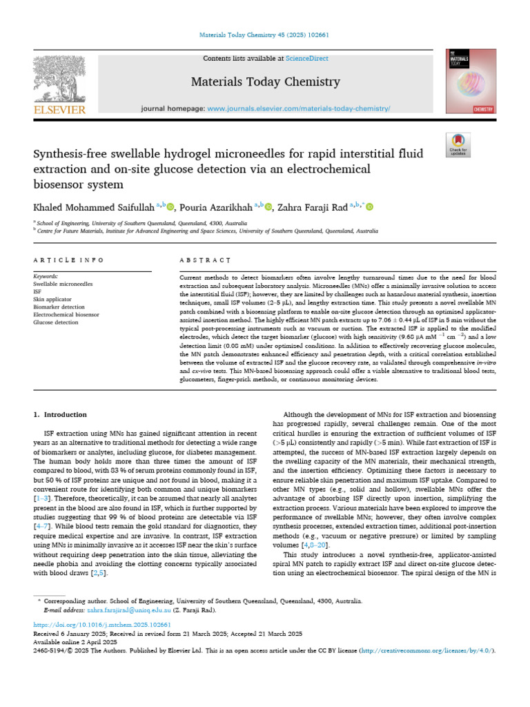 Swellable Microneedles for Glucose Detection | PDF | Biosensor | Manganese