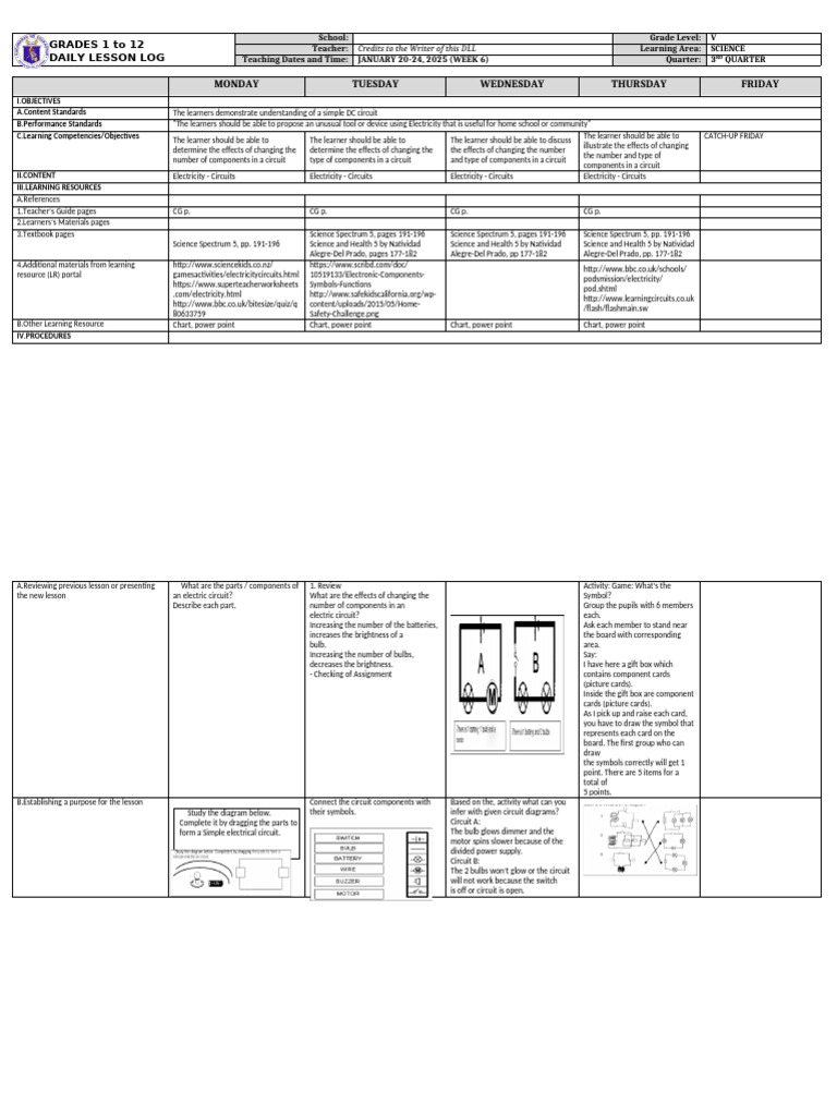 Weekly Science Lesson Plan: Circuits | PDF