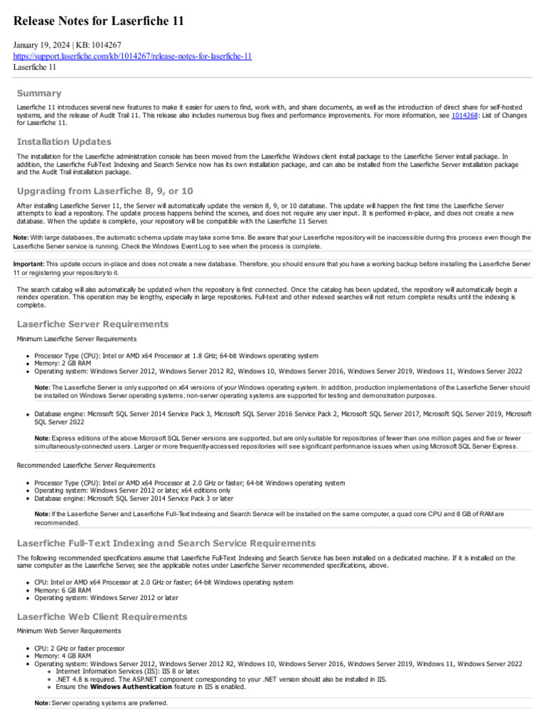 Laserfiche 11 Release Notes Summary | PDF | Microsoft Sql Server ...