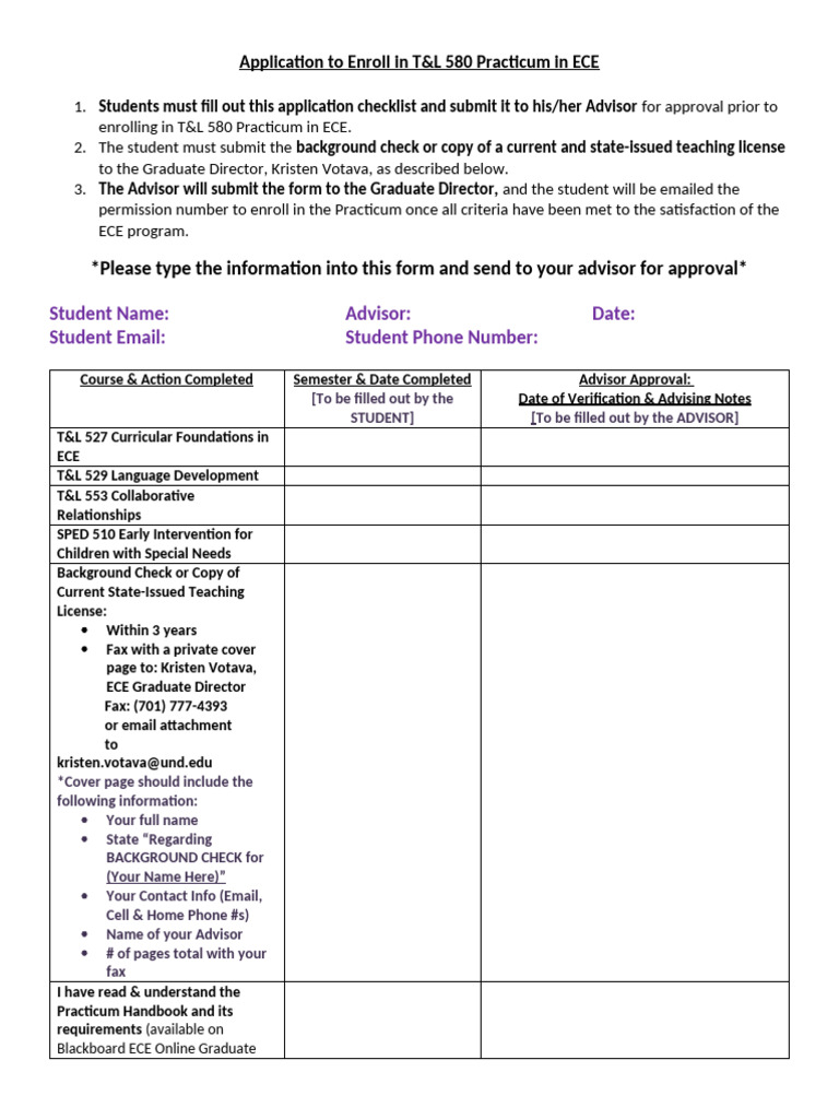 T&L 580 ECE Practicum Enrollment Application | PDF