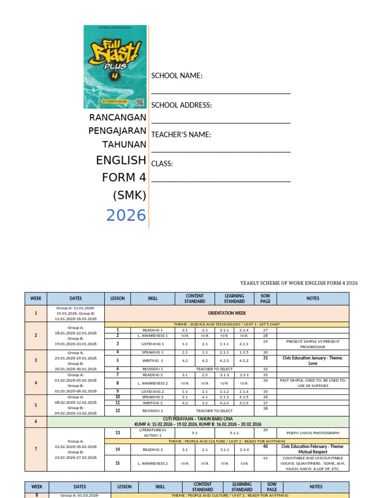 Yearly English Scheme Form 4 2026 | PDF | Semantic Units | Linguistic ...