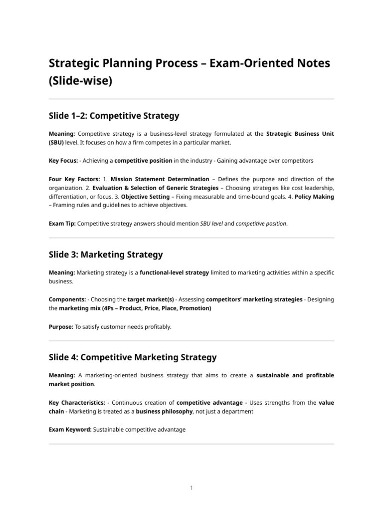 Strategic Planning Process – Exam Notes (Slide-wise) | PDF | Strategic ...