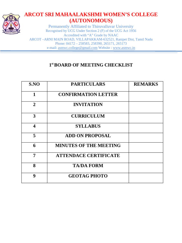 1st Board of Meeting Checklist & Ta Da Form | PDF