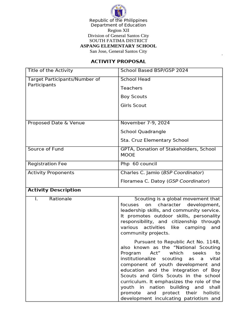 BSP/GSP Camporal Activity Proposal 2024 | PDF | Scouting