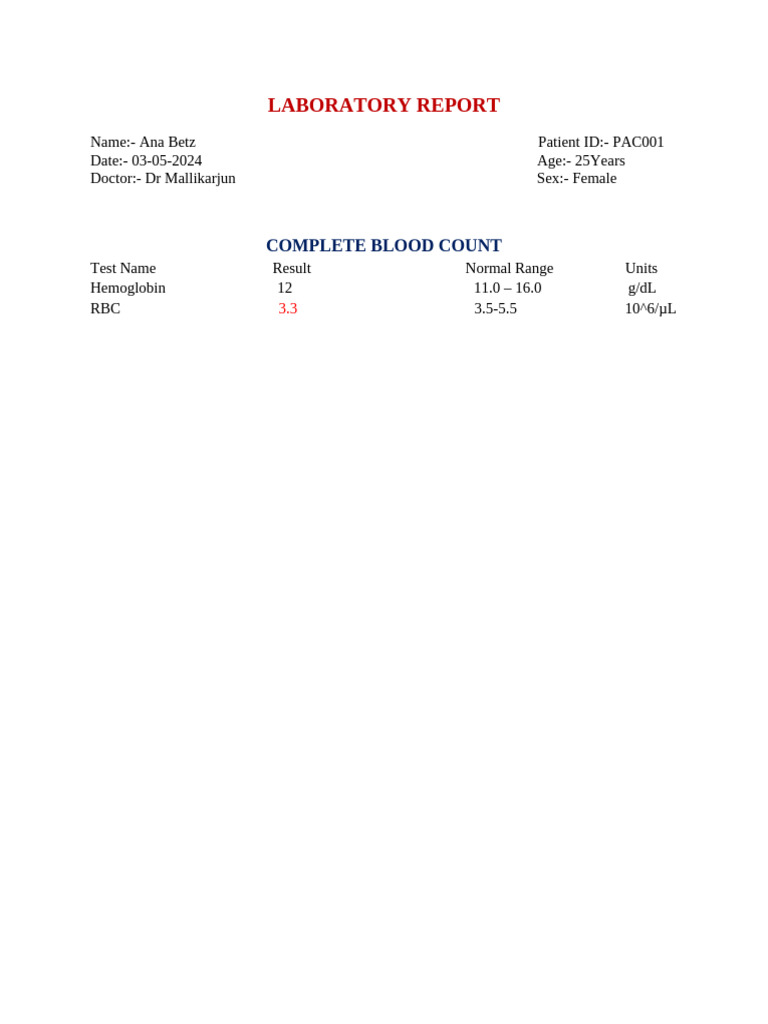 Complete Blood Count Results for Ana Betz | PDF