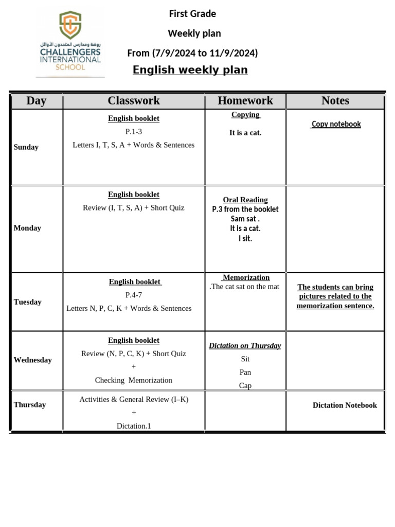 First Grade English Weekly Plan | PDF
