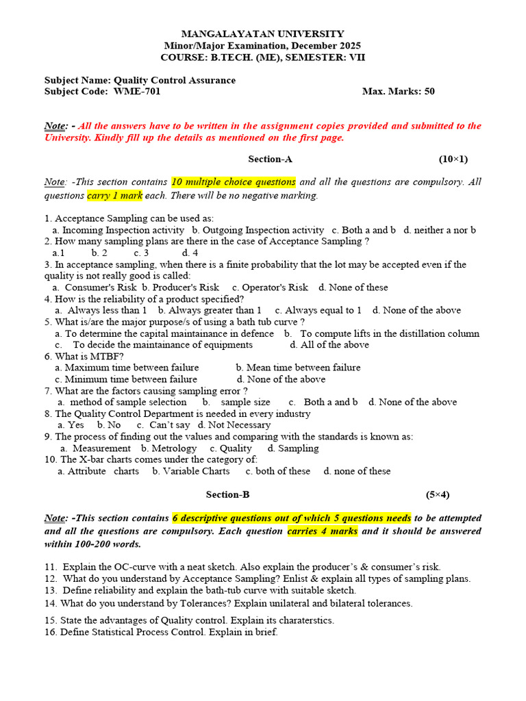 Assignment WME-701 Quality Control Assurance Assignment | PDF ...