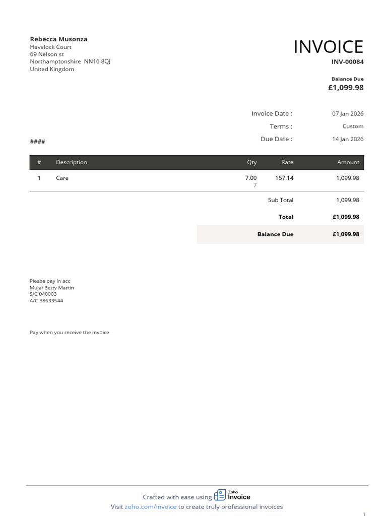 Professional Invoice for Services Rendered | PDF