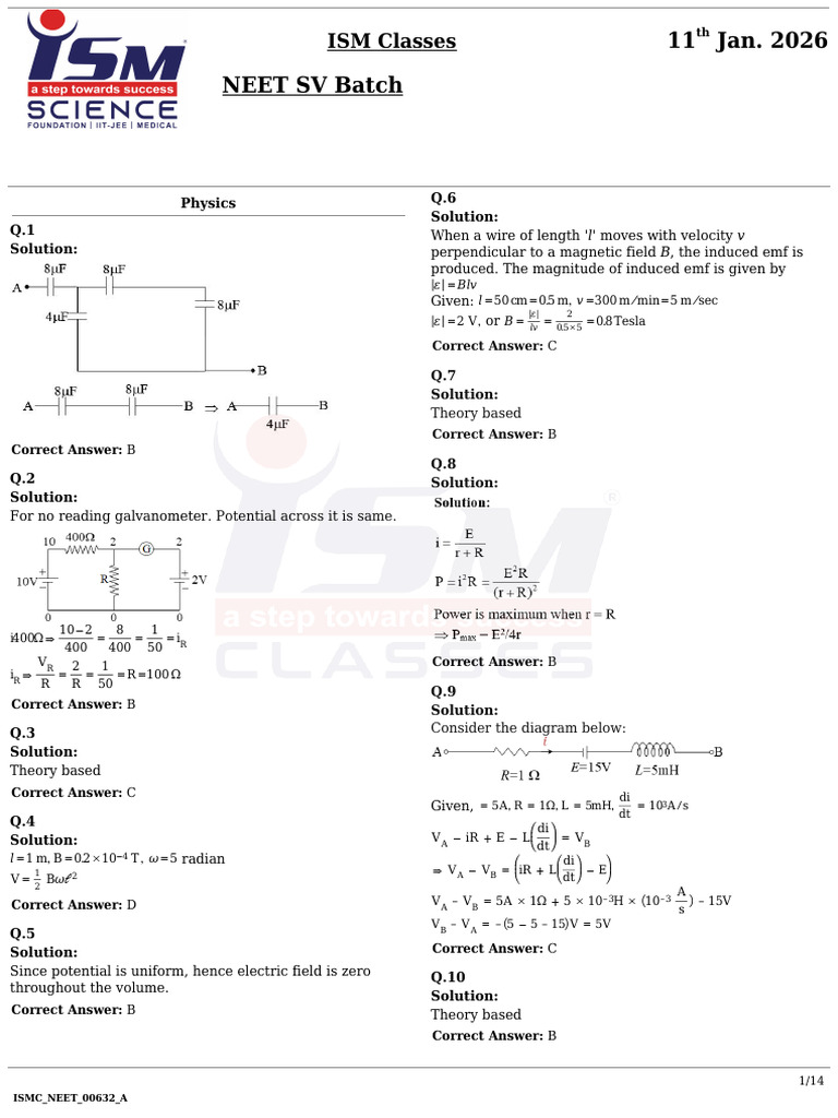 NEET Physics and Chemistry Solutions 2026 | PDF | Electrocardiography ...